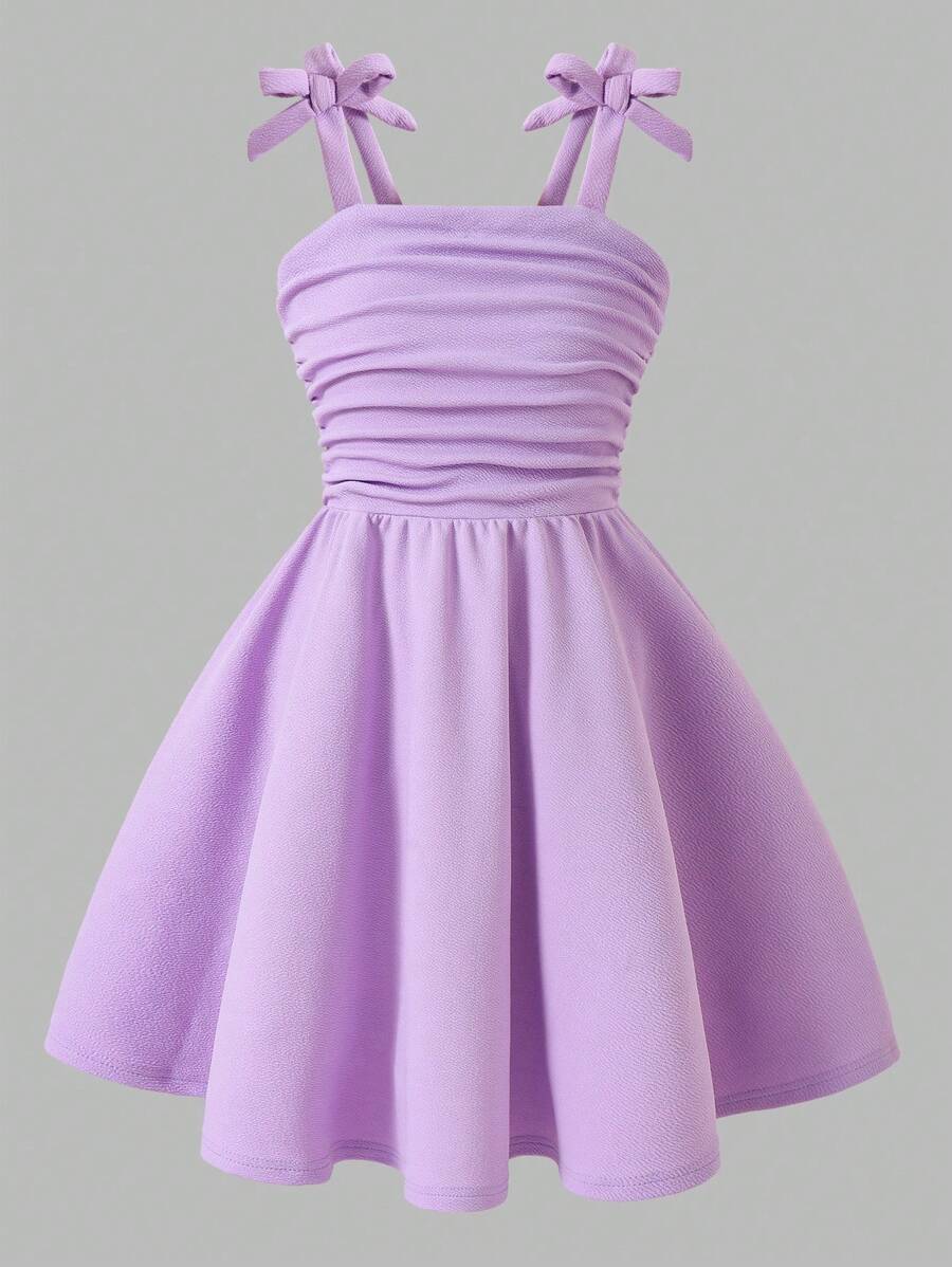 Sparklyn 少女蝴蝶结肩带褶饰时尚优雅连衣裙