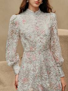 Anewsta Váy trắng tay đèn lồng in họa tiết màu nước thanh lịch, cổ áo cài nút, eo, dáng chữ A, thích hợp cho Giáng sinh, năm mới, lễ hội mùa xuân/hè, lễ tốt nghiệp - Nhiều màu - Xem 1