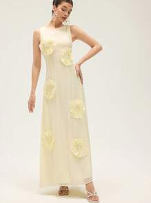 Aveloria Rosie French Romantic Elegant Handmade 3D Sunflower Decor Sleeveless Round Neck Cinched Waist Slim Fit Casual Vacation Dress For Women All Over Print  For Summer Spring Fall Autumn