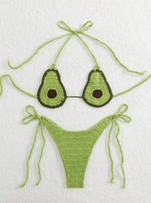 Swim Mod 1pc Women Crochet Halter Swimsuit Top & Triangle Swim Brief Bottom Set For Summer Beach Vacation - Multicolor - View 2