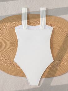 Swim Basics Women's Solid Color Ruched Shoulder One Piece Swimsuit, Minimalist Bohemian Festival Style For Summer Beach Vacation