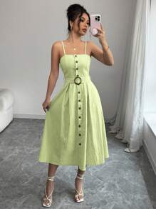 Chiquease Vestido largo con tirantes y cinturón con botones delanteros para mujer - Verde - Ver 5