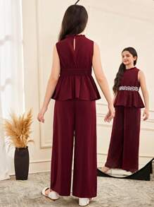SHEIN Leap Crew Tween Girl Elegant Ruffle Collar Sleeveless Rhinestone Decorated Top And Pants 2Pc Set - Red - View 2