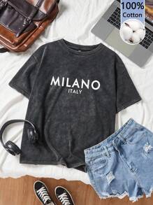 Muchica Camiseta de manga corta y cuello redondo de algodón 100% holgada con lavado vintage y gráfico "Milano Italy", adecuada para el verano