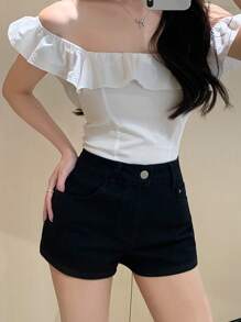 DAZY 女士休闲纯色牛仔短裤，夏季 - 黑色 - 查看 8