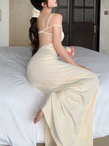 DAZY Island Vacation Fitted Spaghetti Strap Backless Women Lounge Dress Pajama - Apricot - View 2