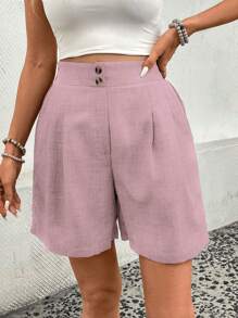 SHEIN LUNE Pantalones cortos casuales y holgados para mujer con diseño de botones lisos y bolsillos