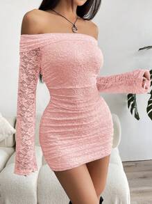 Muchica Women's Elegant Off Shoulder Lace Ruffle Bodycon Dress - Coral Pink - View 5