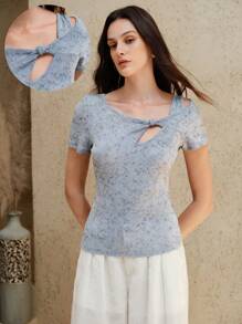 SHEIN Unity Women's Summer Unique Knitted Fabric Design With Twist Detail Hollow Top - Baby Blue - View 1