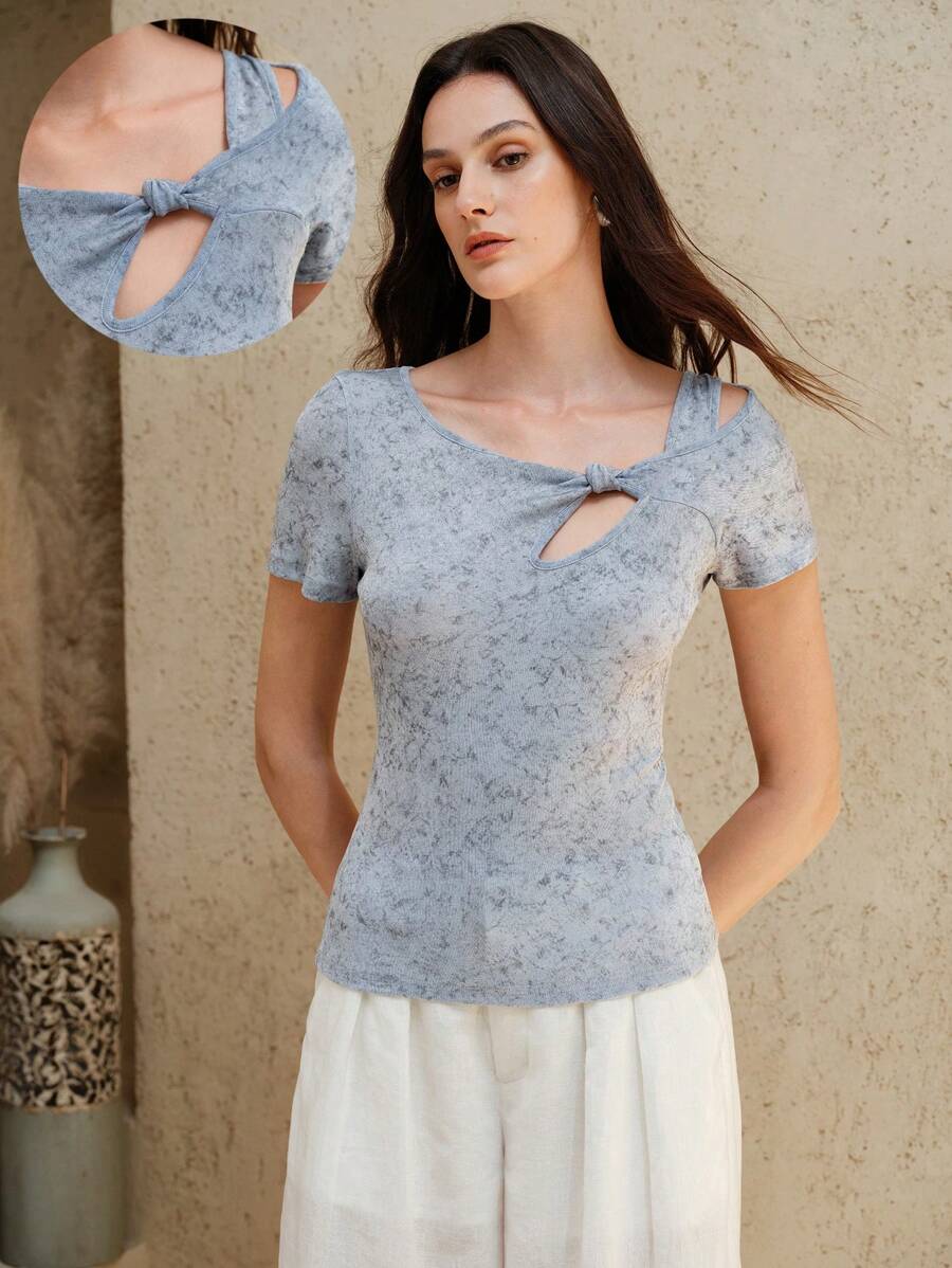 SHEIN Unity Women's Summer Unique Knitted Fabric Design With Twist Detail Hollow Top - Baby Blue - View 1