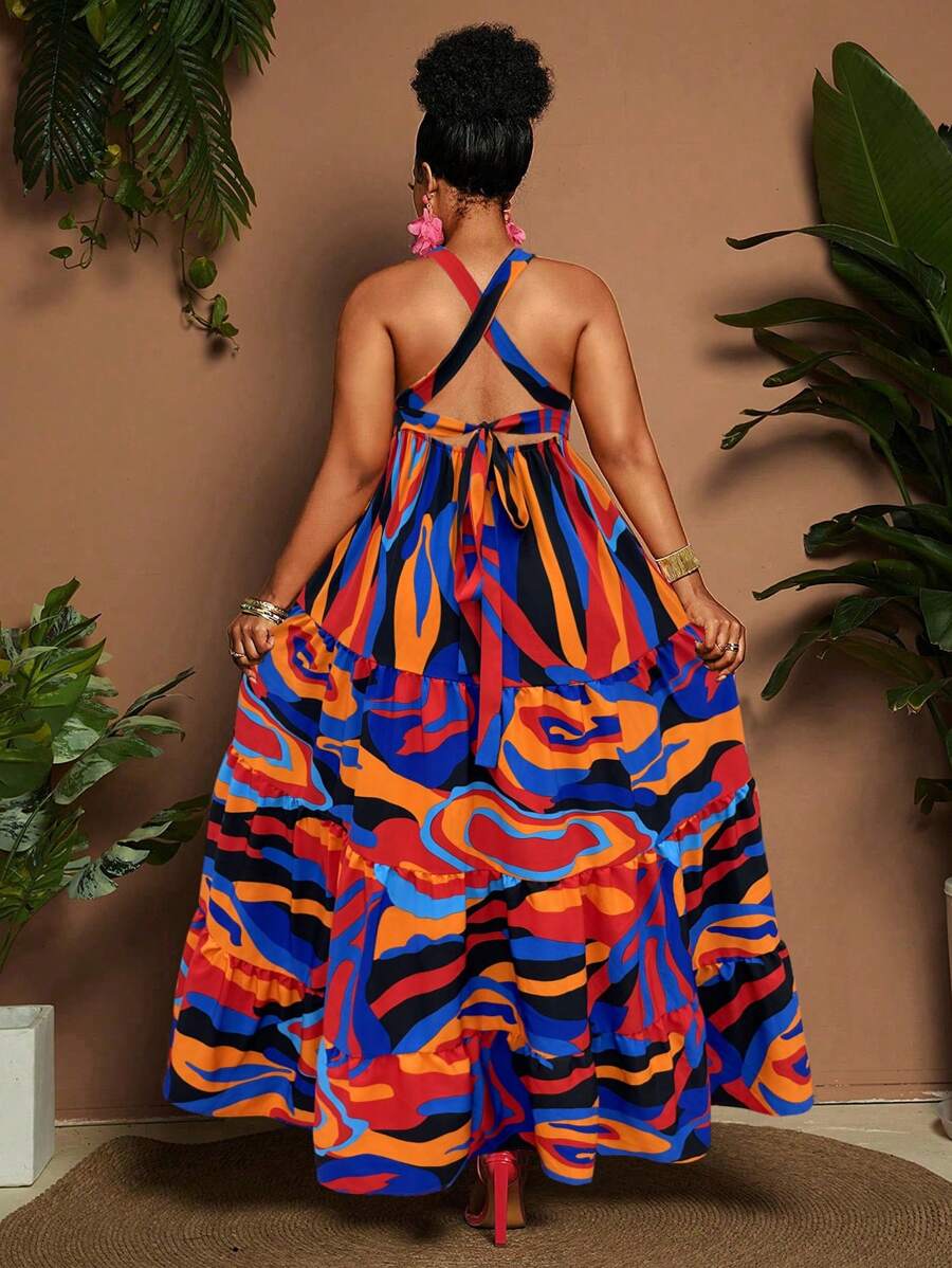 Maweii Plus Size Women A-Line Holiday Print Dress Sleeveless - Multicolor - View 1