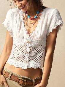 Bohemela 梭织印花休闲宽松袖水洗女式衬衫 - 藍色 - 查看 5