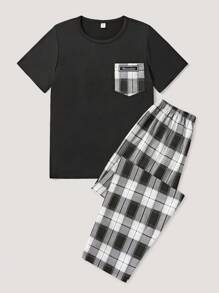 SHEIN 青少年男童格子口袋T恤和长裤睡衣套装