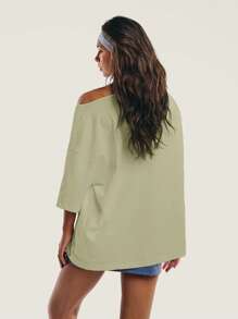 Athîral 女士字母印花不对称领口短袖宽松休闲 T 恤 - 綠色 - 查看 5