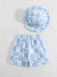 SHEIN 婴儿男童两件套沙滩装，可爱企鹅印花沙滩短裤，带遮阳帽 - 彩色 - 查看 2