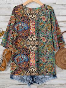 EMERY ROSE Versatile Vacation Style Floral Retro Print Round Neck Chest Pocket Plus Size T-Shirt, Casual Minimalist Suitable For Summer - Multicolor - View 2