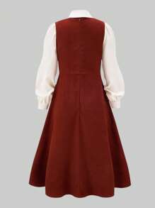 Lunivi Set de 1 (Blusa + Vestido) Elegante blusa de manga larga con cuello y vestido informal de tela tejida sin mangas hasta la pantorrilla para niñas adolescentes