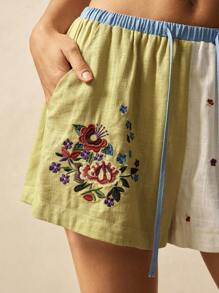 Bohemela 波西米亚风格宽松女式梭织短裤，带刺绣拼色图案，休闲度假装 - 薄荷綠 - 查看 4