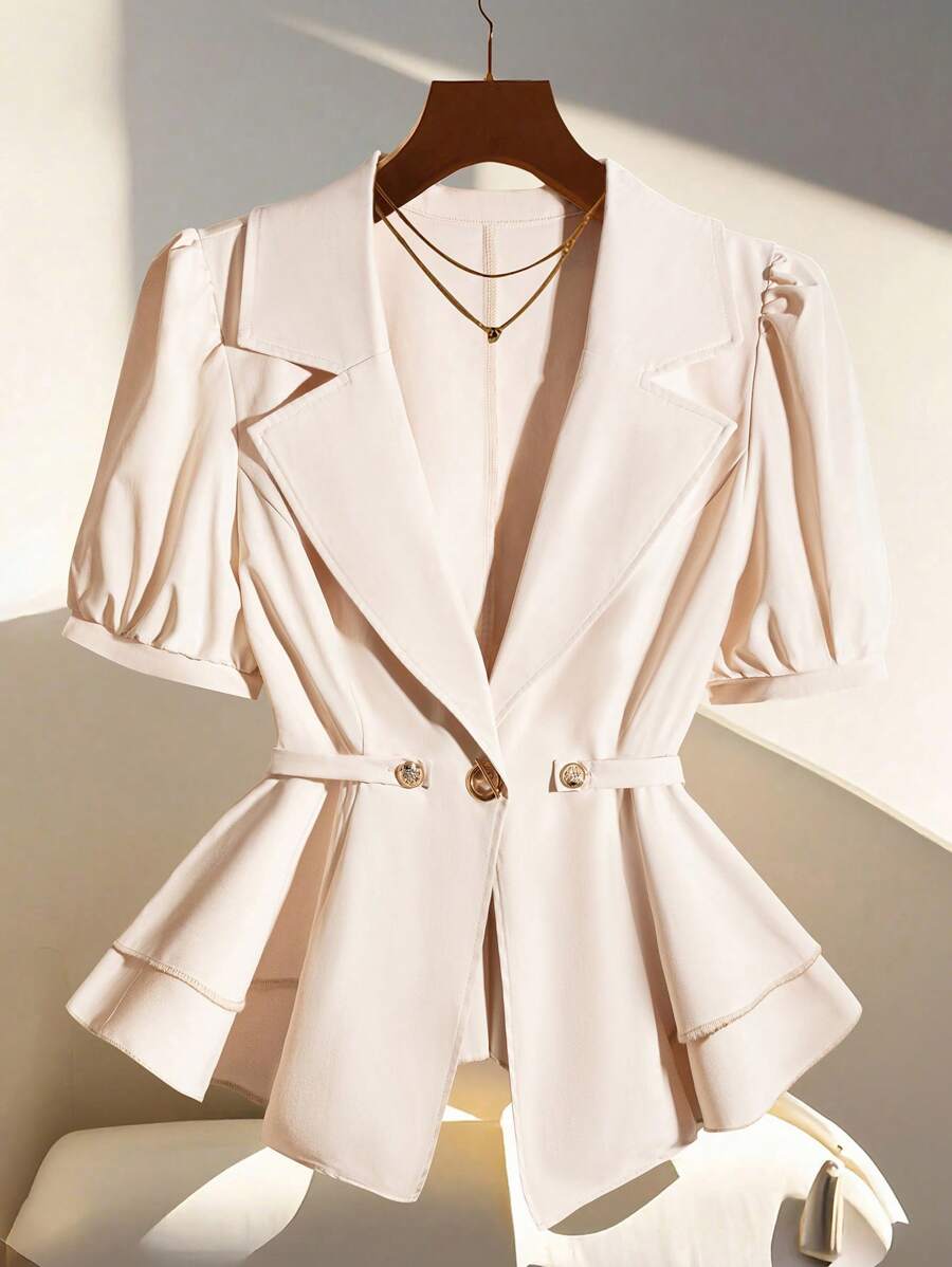 SHEIN Frenchy Plus Size Women Solid Color Lapel Neck Puff Sleeve Elegant Blouse - Beige - View 1