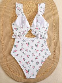 SHEIN Swim 1pc Women's Ditsy Floral Ruffled One-Piece Swimsuit, Beach Wear - Multicolor - View 4