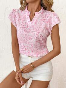 SHEIN Clasi 女士优雅花朵印花镂空领衬衫，夏季粉色衬衫 - 粉色 - 查看 4