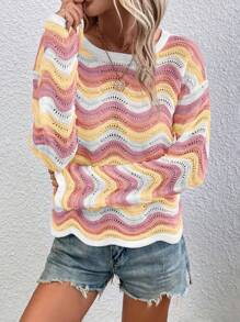 SHEIN LUNE Contrast Stripe Print Round Neck Casual Long Sleeve Sweater Pullover Knit Pullover Fall Winter