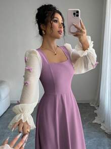 Modelyn Women's Mixed Material Butterfly Decor Cinching Waist Woven Midi Dress Fall Cloth For Women - Purple - View 4