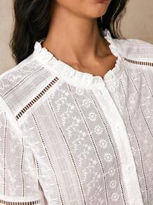 Poéselle 女士度假花卉刺绣七分袖单排扣休闲衬衫 - 白色 - 查看 4