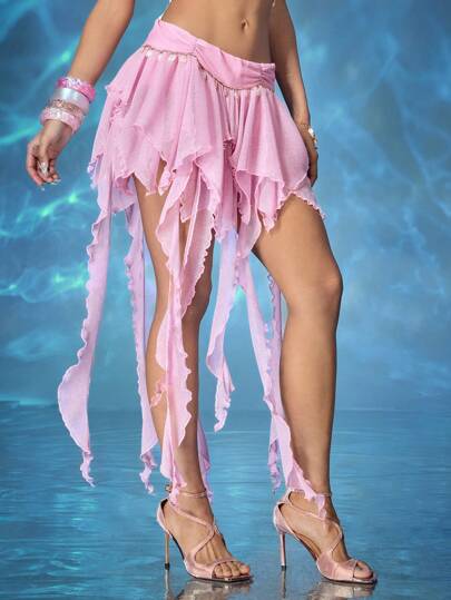 Fairycore Gonna asimmetrica da donna con stampa vintage a sirena, medusa e conchiglia, morbida e fluida