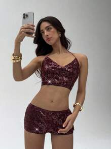 Aloruh Women's YTK Halter Neck Sequin Top And Low Waist Mini Short Two Pieces Outfits,Burgundy Summer Club Night Rave Festival Co Ord Set Clubwear - Burgundy - View 4