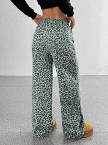 SHEIN PETITE Quần ống đứng rộng rãi họa tiết da báo cho nữ, quần dài thường ngày cao cấp giúp thon gọn - Màu xanh nhạt - Xem 2