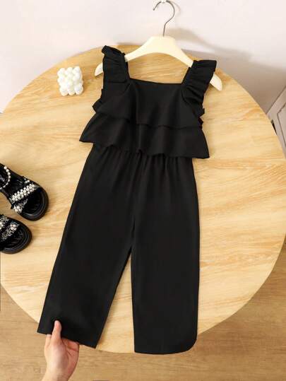 Pantalones largos casuales con volantes y capas (talla pequeña para niñas), apropiados para vacaciones de verano