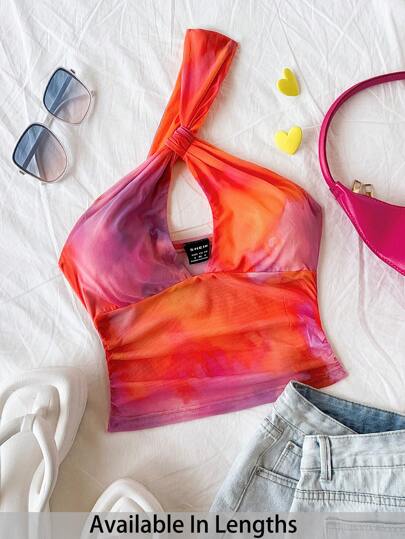 SHEIN Tall CURVE Blusa sin mangas sexy con cuello asimétrico y estampado de teñido anudado para mujer talla grande, para la playa