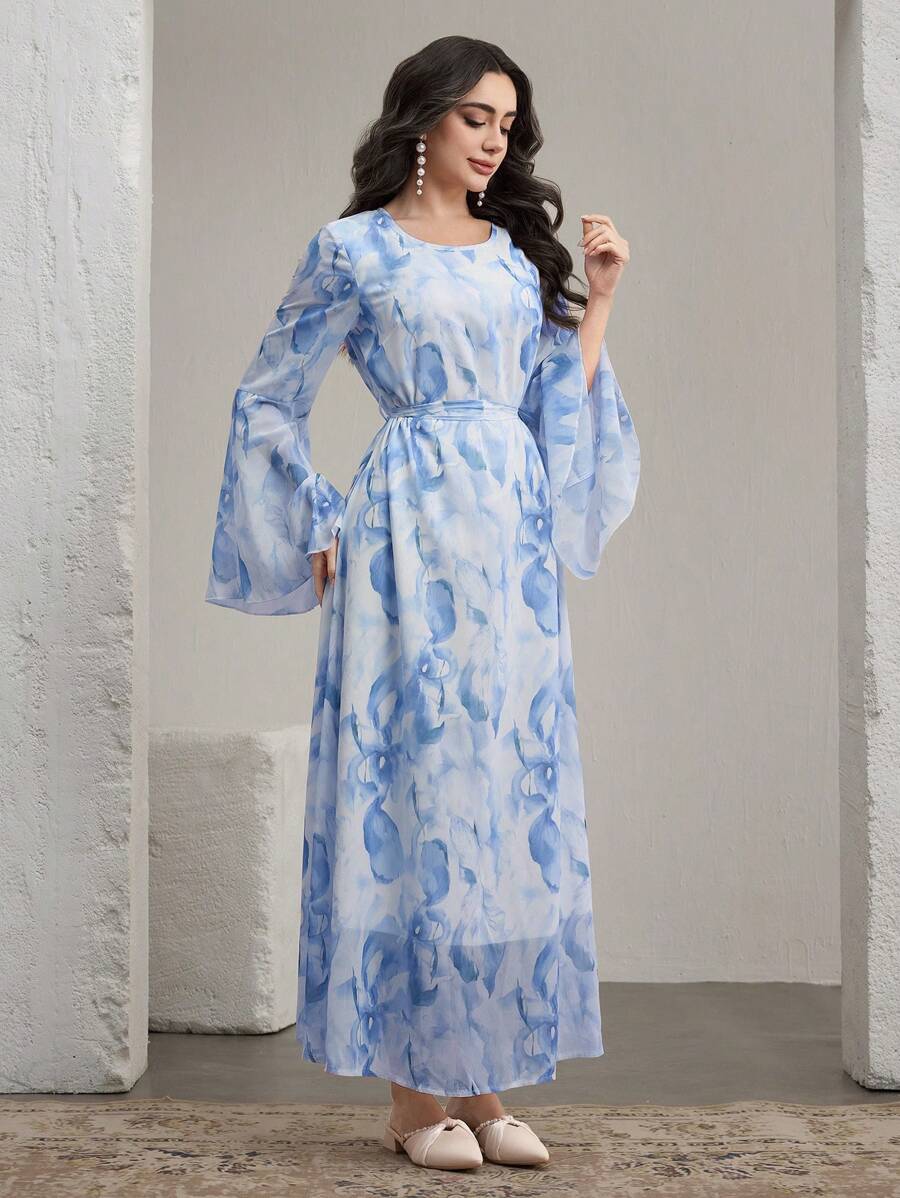 Graceveil Đầm dài tay loe cổ tròn in họa tiết thanh lịch cho nữ dự tiệc cưới - Màu xanh lam - Xem 1