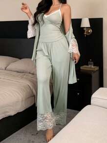 DAZY 3pcs/Set Color Blocking Lace Patchwork Women Sleepwear Pajama Set: Robe, Camisole Top And Pants, Fall Winter Clothes - Green - View 4