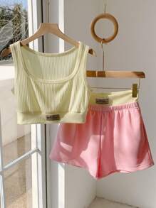 Comfortcana Women's Summer Vacation Letter Print Tank Top And Contrast Color Block Shorts Set, 2 Pieces Outfit Island Vacation Outfits - Apricot - View 5