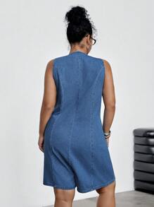 Dripcurv 大码女式牛仔无袖连体裤，休闲修身短裤，蓝色 - 藍色 - 查看 2