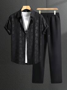 Manfinity Homme Áo sơ mi tay ngắn họa tiết hoa và quần dài cạp rút, trang phục thường ngày cho nam, trang phục ấm áp - màu đen - Xem 1