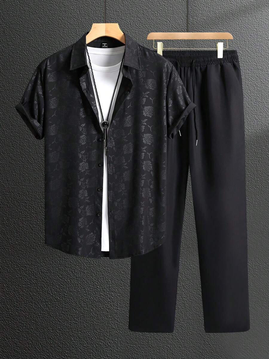 Manfinity Homme Áo sơ mi tay ngắn họa tiết hoa và quần dài cạp rút, trang phục thường ngày cho nam, trang phục ấm áp - màu đen - Xem 1