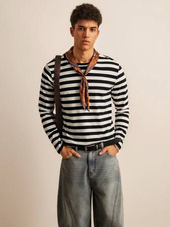 SWAVVY Men Round Neck Color Block Striped Long Sleeve Tee, Fashion, Boyfriend Gift, For Going Out, Summer