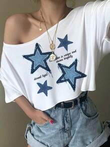 SHEIN EZwear 女士休闲简约仿贴花星星印花露肩短袖超大 T 恤，适合夏季