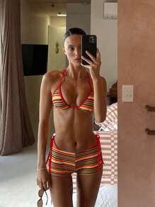 Bonvoyette 3-Piece Rainbow Striped Textured Trim Contrast Color Sexy Fashion Bikini Set, For Summer Vacation