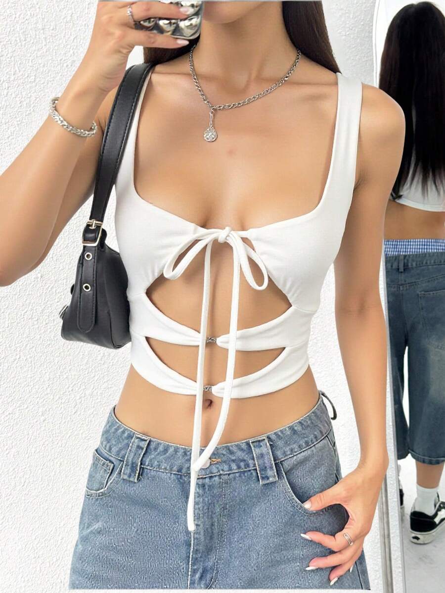 INAWLY Women's Sexy Hollow Front Tie Cropped Vest, Summer