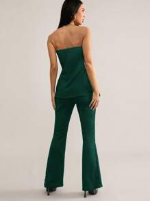 SHEIN SXY 2pcs Women Elegant Set: Solid Olive Green Bandeau Top And Wide Leg Pants  Women S Outfits Work Outfits For Women Women S Sets Island Vacation Outfits - Dark Green - View 13