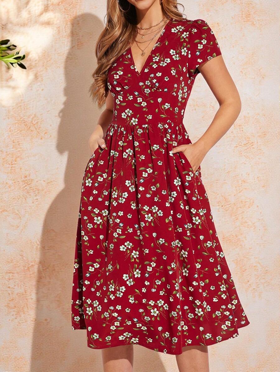 Amorya Floral Print Slant Pocket Dress Valentine's Day  Summer Outfit For Women  Floral Dress - Burgundy - View 1