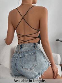 SHEIN PETITE CURVE Plus Size Women Solid Color Open Back Lace Up Camisole Bodysuit For People Of Shorter Stature - Black - View 1