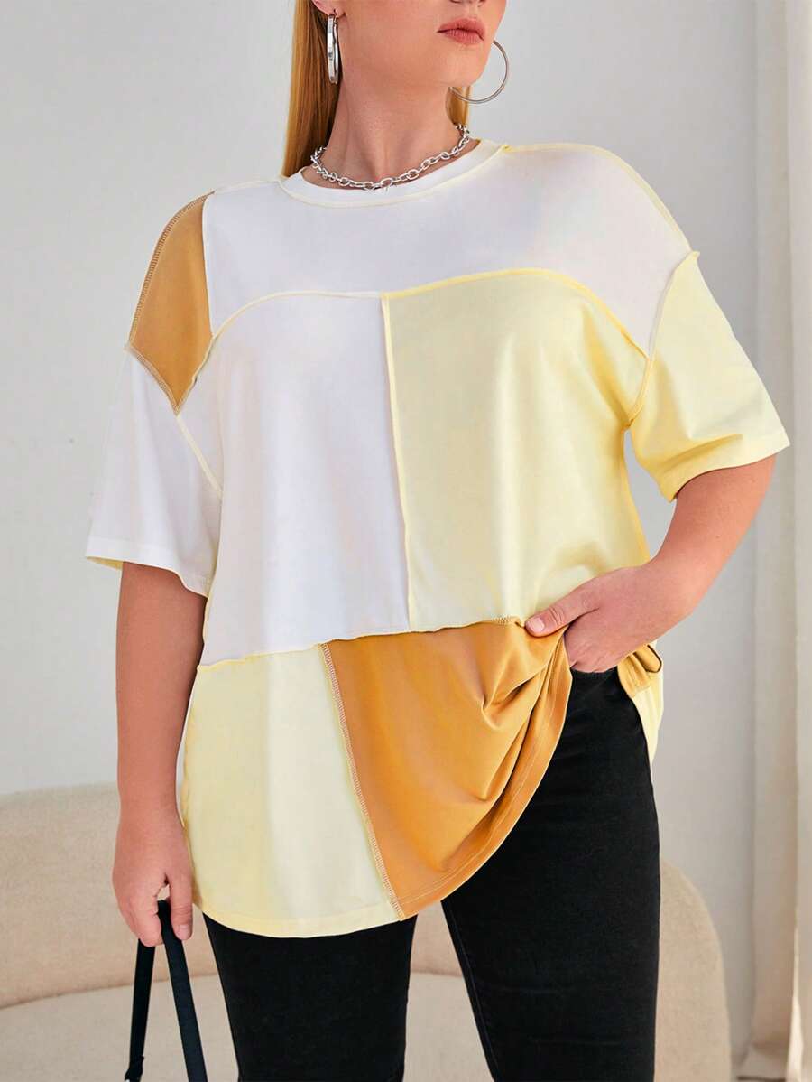SHEIN EZwear Plus Size Women's Color Block Round Neck Drop Shoulder ...