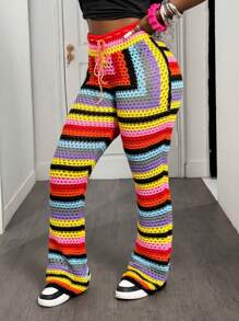 Slaydiva Plus Size Women Waist Tie Striped Hollow Out Knitted Pants In Fall/Winter