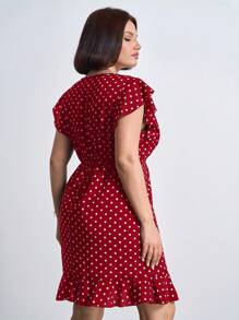 Chikora Plus Size Women Polka Dot Print Round Neck Ruffle Sleeve Short Shift Dress, For Summer,Office Outfits For Women - Red - View 2