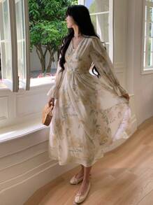 DAZY Floral Prints V-Neck Flared Sleeve Chiffon Patchwork Dress For Women, Spring/Fall Long Sleeve Dress - Butter Yellow - View 6